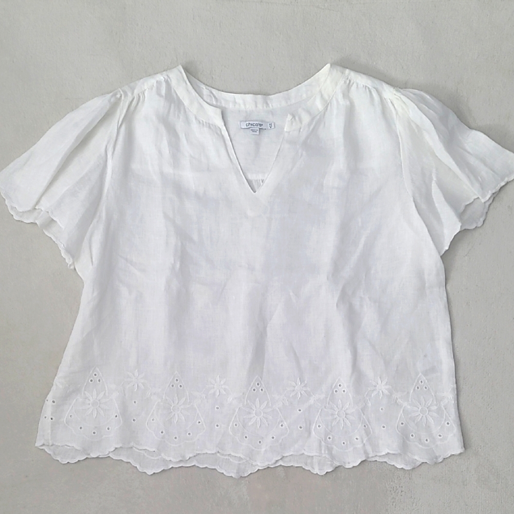 Chicos White Linen Eyelet Flutter Sleeve Top US 14 Boho Scallop Hem Cottagecore